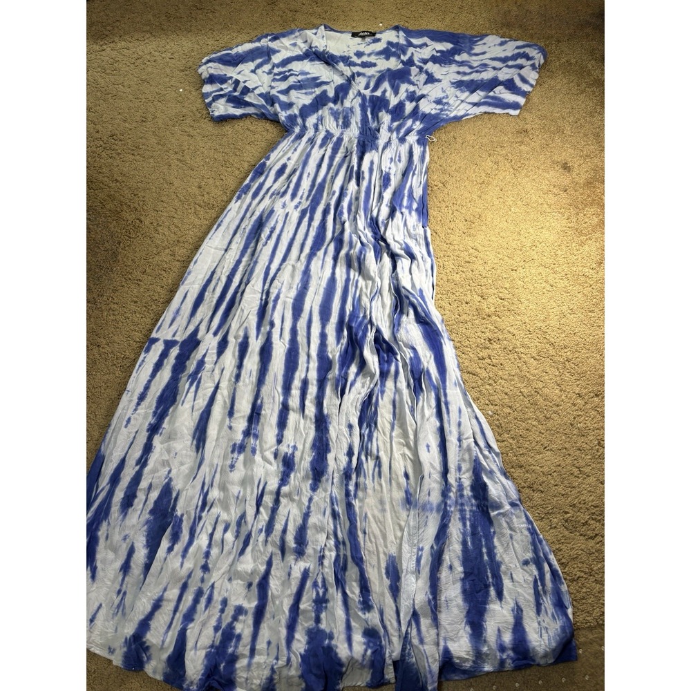 Lulus Sunday Morning Blue Tie-Dye Maxi‎ Dress Medium V-Neck Flutter Sleeve Boho
